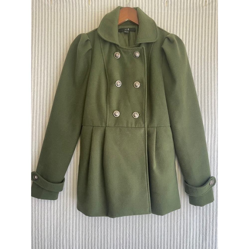 XXI Forever 21 Olive Green Double Breasted Puff Sleeve Peacoat Jacket Small